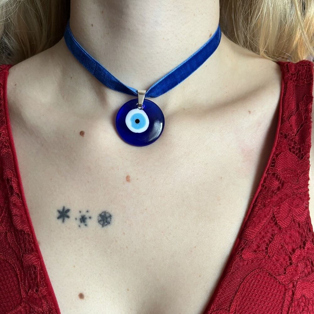 Glass Evil Eye Talisman Choker on Blue Velvet Ribbon with Silver Accents Boho